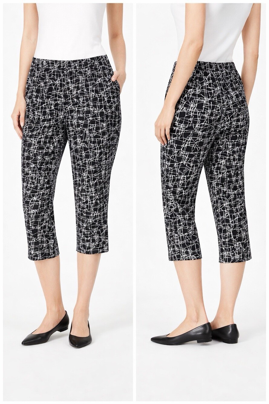 Alfani Womens Size 12 Black White Abstract Capri Pants Stretch Cropped Pull On